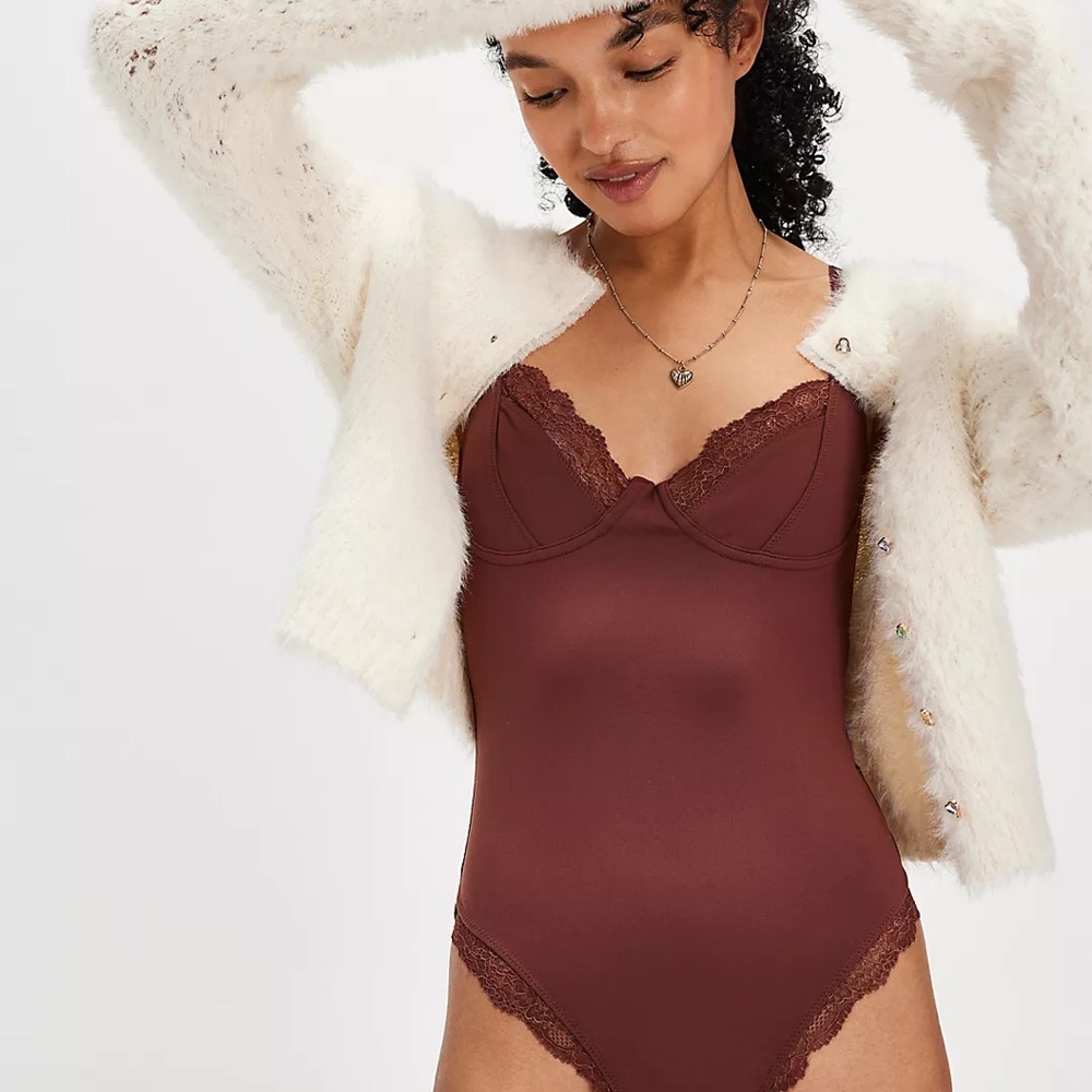 Free People XS Burgundy Somewhere Sometime Bodysuit